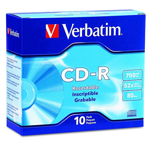 Verbatim CD-R Recordable Disc, 700 MB/80 min, 52x, Slim Jewel Case, Silver, 10/Pack