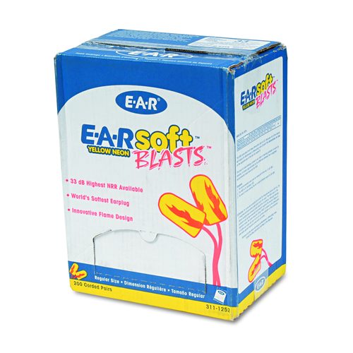 3M E-A-Rsoft Yellow Neon Blasts Soft Foam Earplugs, Corded, 33 dB NRR, One Size Fits Most, Yellow/Orange Bullet Plugs, 200/Box