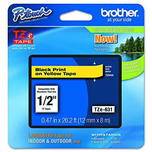 Brother P-Touch TZe Standard Adhesive Laminated Labeling Tape, 0.47" x 26.2 ft, Black on Yellow