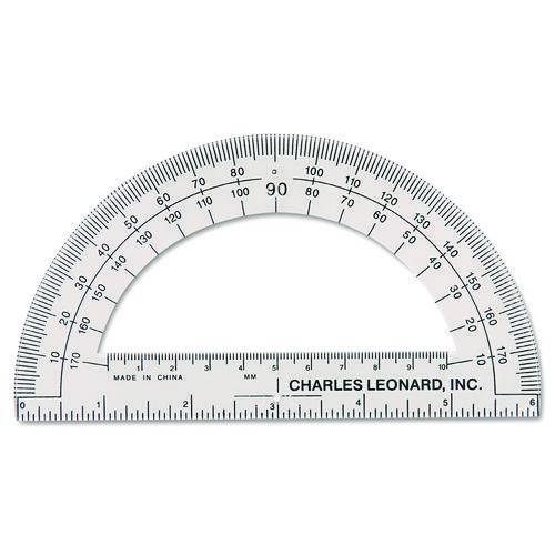 Charles Leonard Open Center Protractor, Plastic, 6" Ruler Edge, Clear, Dozen