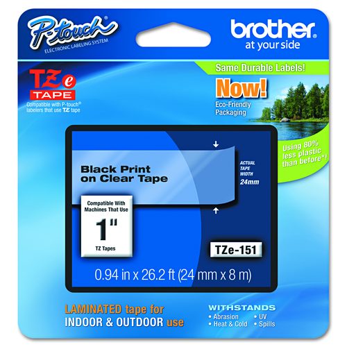 Brother P-Touch TZe Standard Adhesive Laminated Labeling Tape, 0.94" x 26.2 ft, Black on Clear