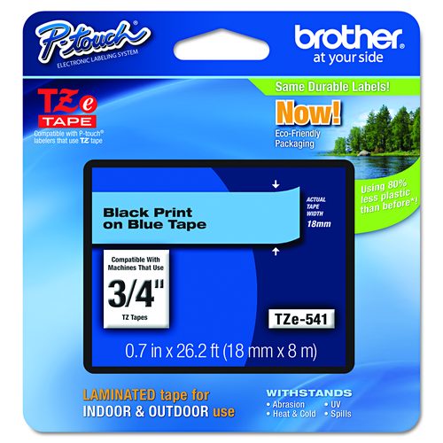 Brother P-Touch TZe Standard Adhesive Laminated Labeling Tape, 0.7" x 26.2 ft, Black on Blue
