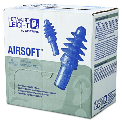 Howard Leight by Honeywell AirSoft Multiple-Use Corded Earplugs, White Cord, 27 dB NRR, One Size Fits Most, Blue 4-Flange Plugs, 100/Box