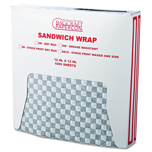 Bagcraft Grease-Resistant Paper Wraps and Liners, 12" x 12", Black Check, 1000/Box, 5 Boxes/Carton