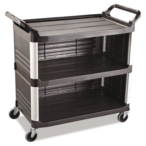 Rubbermaid Commercial Xtra Utility Cart with Enclosed Sides and Back, Plastic, 3 Shelves, 300 lb Capacity, 20" x 40.63" x 37.8", Black