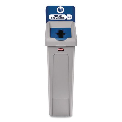 Rubbermaid Commercial Slim Jim Recycling Station Kit, 1-Stream Mixed Recycling, 23 gal, Plastic, Gray/Blue