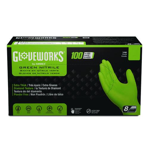 GloveWorks by AMMEX Heavy-Duty Industrial Nitrile Gloves, Powder-Free, 8 mil Thick, 9.5" Long, Green, 100/Box, 10 Boxes/Carton