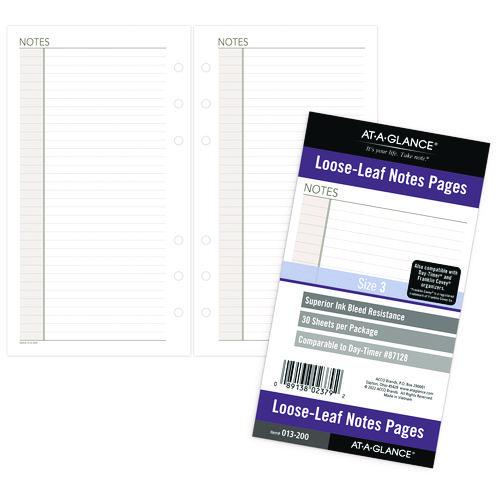 AT-A-GLANCE Lined Notes Pages for Planners/Organizers, 6.75 x 3.75, White Sheets, Undated, 30 Sheets