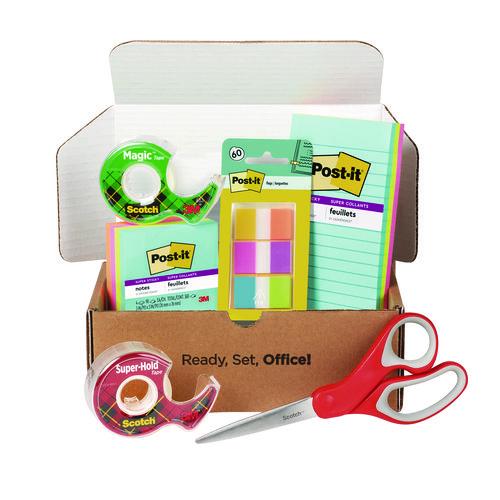 Scotch Office Essentials Kit, 7 Pads Assorted Super Sticky Notes, 1 Pack Flags, Roll Magic Tape, Roll Super-Hold Tape, 1 Scissors