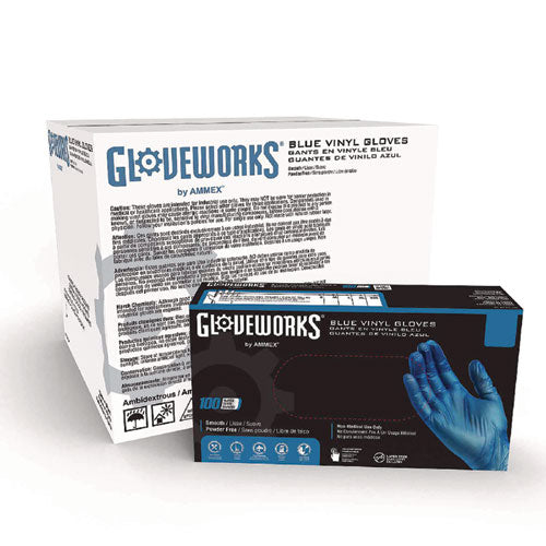 GloveWorks by AMMEX Industrial Vinyl Gloves, Powder-Free, 3 mil Thick, 9.5" Long, Blue, 100/Box, 10 Boxes/Carton