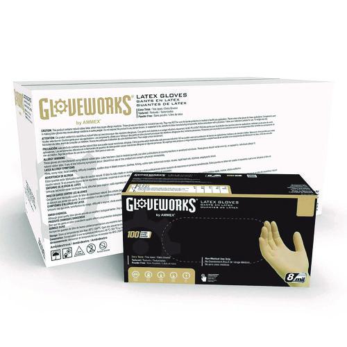 GloveWorks by AMMEX Extra Thick Latex Disposable Gloves, Powder-Free, 6 mil Thick, 9.5" Long, Ivory, 100/Box, 10 Boxes/Carton