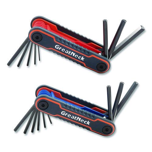 Great Neck Hex Key Fold-Up Tool Set, Two-Piece, Metric/SAE, Black-Oxide/Blue (SAE), Black-Oxide/Red (Metric)