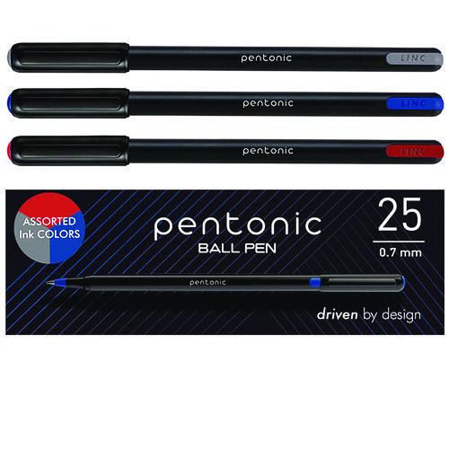 TOPS PENTONIC Ballpoint Pen, Stick, Fine 0.7 mm, Assorted Ink Colors, Black Barrel, 25/Pack