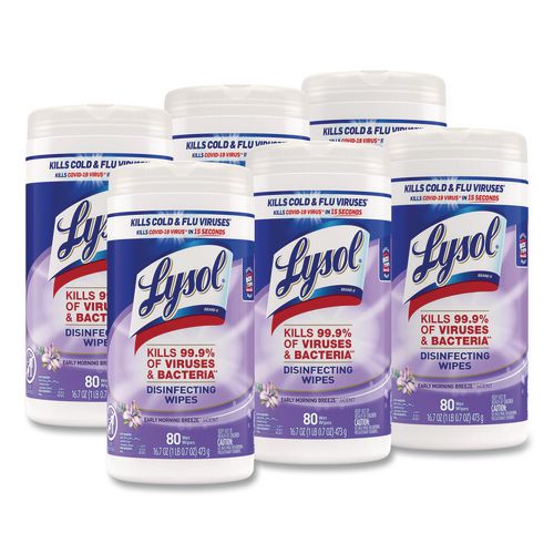 LYSOL Brand Disinfecting Wipes, 1-Ply, 7 x 7.25, Early Morning Breeze, White, 80 Wipes/Canister, 6 Canisters/Carton