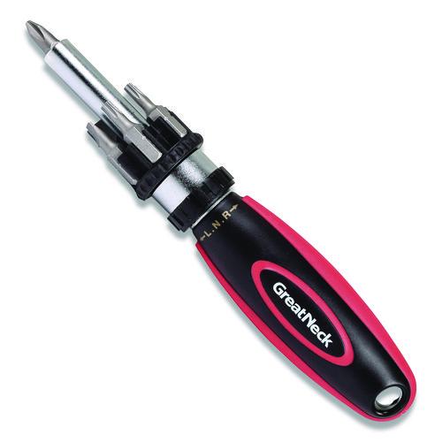 Great Neck Ratcheting Screw/Nut Driver Set, 7 Phillips, SAE Slotted and Torx Bits, 7" Long, Black/Red Handle