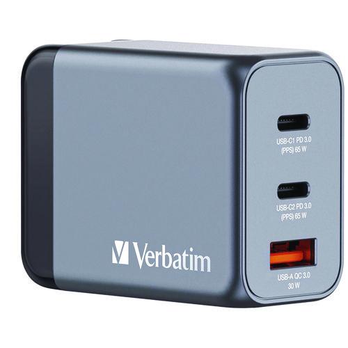 Verbatim 65 W 3-Port GaN Wall Charger, Black/Gray