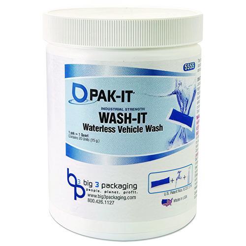 PAK-IT Wash It Waterless Vehicle Wash, Breezy Scent, 20 Water-Soluble Packets/Jar, 12/Carton