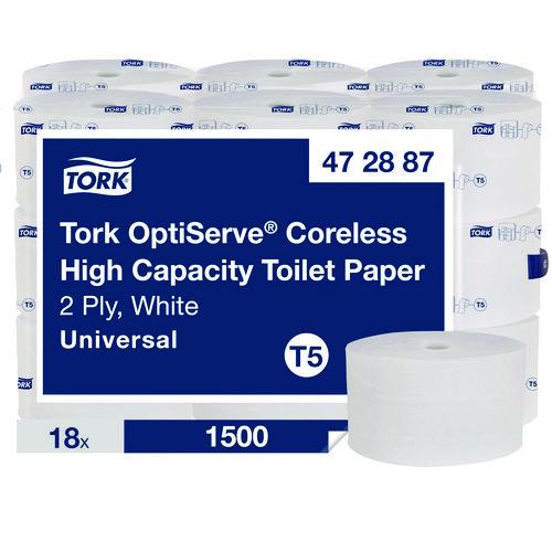 Tork OptiServe High-Capacity Coreless Toilet Paper, 2-Ply, White, 1,500 Sheets/Roll, 18 Rolls/Carton