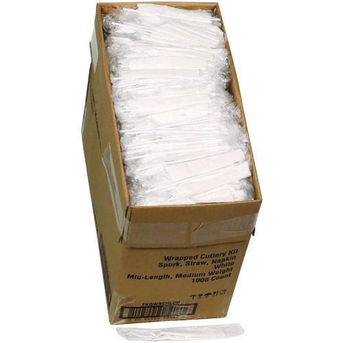 Pactiv Evergreen Fieldware Cutlery Kit, Mediumweight, Napkin/Spork/Straw, Plastic, White, 1,000/Carton