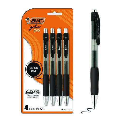 BIC Gel-ocity Pro Gel Pen, Retractable, Medium 0.7 mm, Black Ink, Translucent Black/Black Barrel, 4/Pack