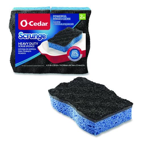 O-Cedar Scrunge Heavy-Duty Sponge, 2.63 x 4.25, 1" Thick, Black/Blue, 2/Pack
