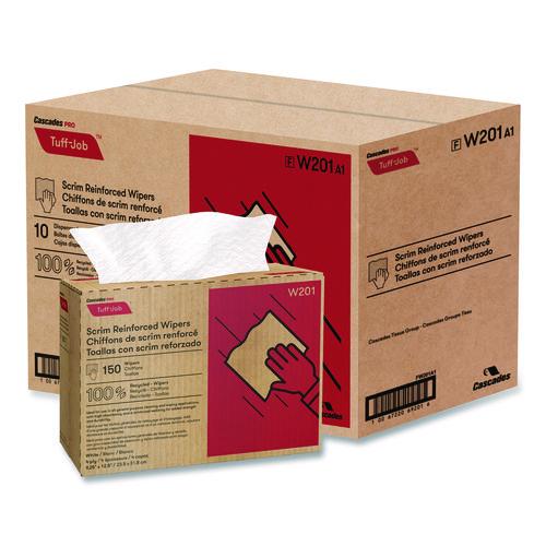 Cascades PRO Tuff-Job Scrim Reinforced Wipers, 4-Ply, 9.25 x 12.5, White, 150/Box, 10 Boxes/Carton