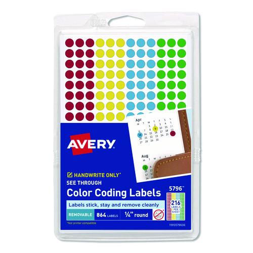 Avery Handwrite-Only Self-Adhesive "See Through" Removable Round Color Dots, 0.25" dia, Assorted, 216/Sheet, 4 Sheets/Pack, (5796)