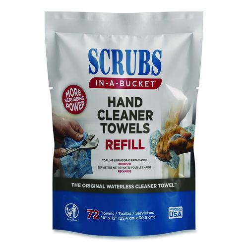 SCRUBS Hand Cleaner Towels, SCRUBS in-a-Bucket Refill, 1-Ply, 10 x 12, Citrus, Blue/White, 72/Pack, 6 Packs/Carton