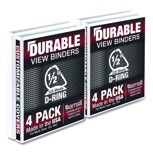 Samsill Durable D-Ring View Binders, 3 Rings, 0.5" Capacity, 11.5" x 8.5", White, 4/Pack