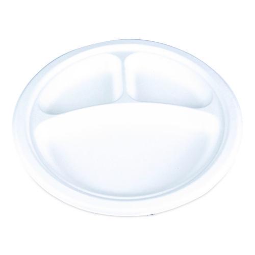 SCT ChampWare Molded Fiber Tableware, 3-Compartment Plate, 10" dia, White, 125/Sleeve, 4 Sleeves/Carton