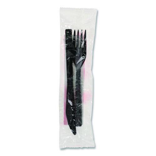 Pactiv Evergreen Gardenware Cutlery Kit, Individually Wrapped, Heavyweight, Fork/Knife/Napkin, Plastic, Black, 500/Carton