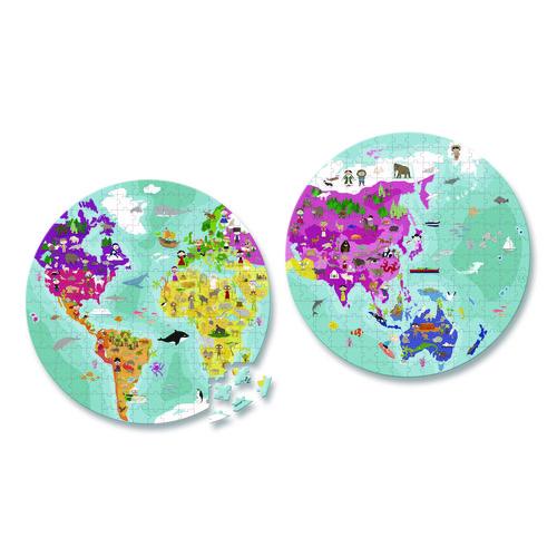 Janod Cardboard Round Double-Sided Blue Planet Suitcase Puzzle, Grades 2 to 7, 208 Pieces