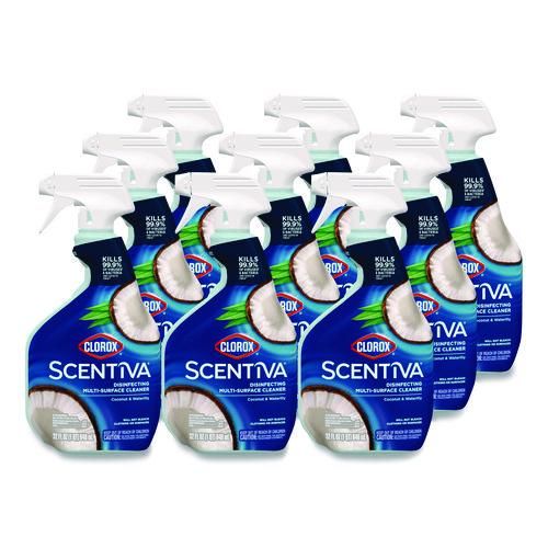 Clorox Scentiva Disinfecting Multi-Surface Cleaner, Bleach Free, Coconut and Waterlily Scent, 32 oz Spray Bottle, 9/Carton