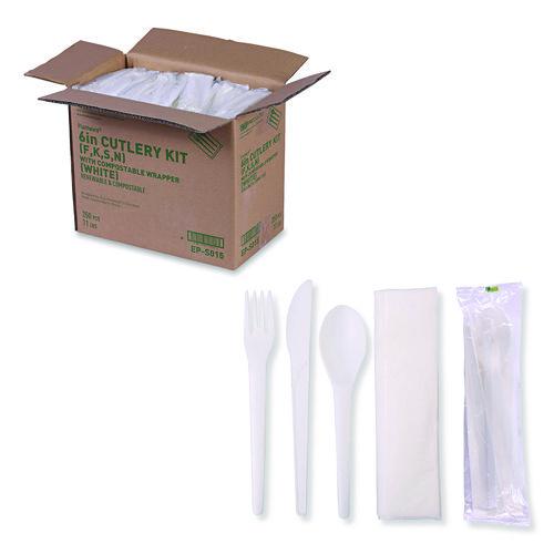 Eco-Products Plantware Compostable Cutlery Kit, Fork/Knife/Napkin/Spoon, Pearl White, 250 Kits/Carton
