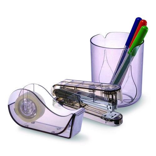 Officemate Recycled Plastic Three-Piece Desk Set: (1) Pencil Cup, (1) Stapler, (1) Tape Dispenser, (1) Roll of Tape, Translucent Ash