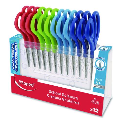 Maped Helix Essential Pointed School Scissors School Pack, Pointed Tip, 5.35" Long, 2" Cut Length, Straight Assorted Handle, 12/Pack