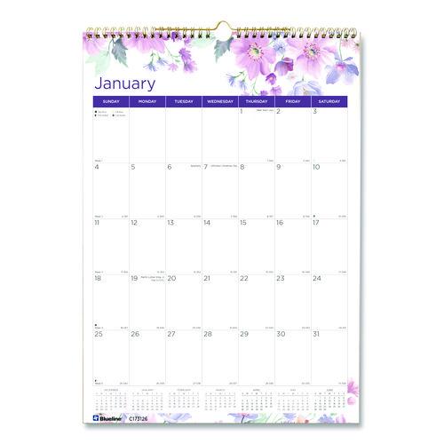 Blueline 12-Month Colorful Wall Calendar, Passion Floral Artwork, 12 x 17, White/Multicolor Sheets, 12-Month (Jan to Dec): 2026