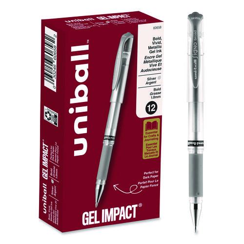 uniball IMPACT Gel Pen, Stick, Medium 1 mm, Silver Metallic Ink, Silver Barrel