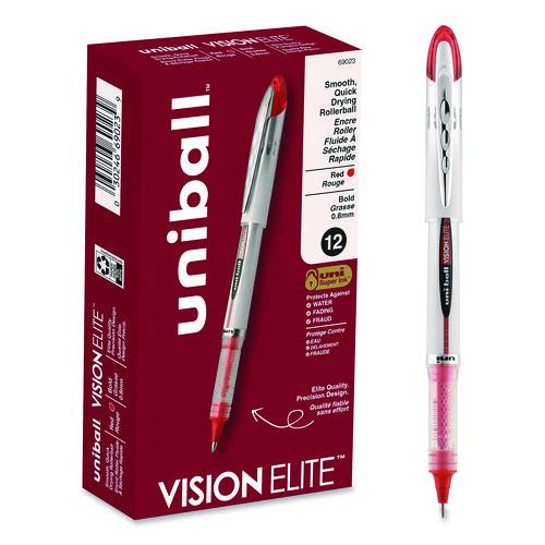 uniball VISION ELITE Rollerball Pen, Stick, Bold 0.8 mm, Red Ink, White/Red/Clear Barrel
