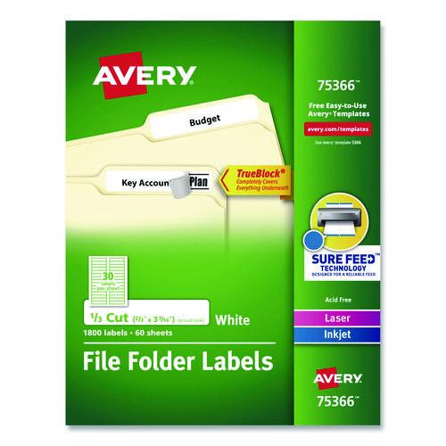 Avery Permanent TrueBlock File Folder Labels with Sure Feed Technology, 0.66 x 3.44, White, 30/Sheet, 60 Sheets/Box