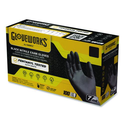 GloveWorks by AMMEX Nitrile Exam Gloves, Powder-Free, Medium, 7 mil Thick, 9.5" Long, Black, 100/Box, 10 Boxes/Carton