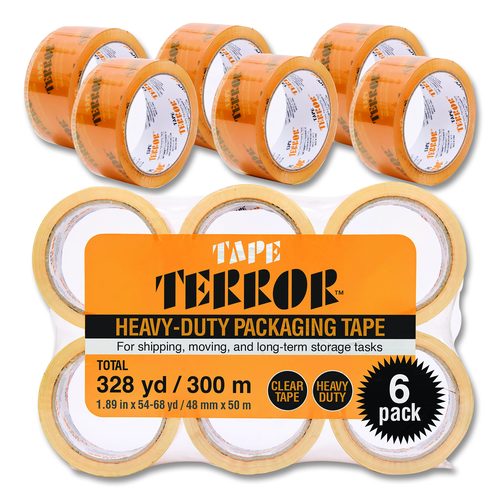 Tape Terror Heavy-Duty Packaging Tape, 3" Core, 1.88" x 54.6 yds, Clear, 6/Pack