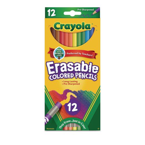 Crayola Erasable Color Pencil Set, 3.3 mm, 2B, Assorted Lead and Barrel Colors, Dozen