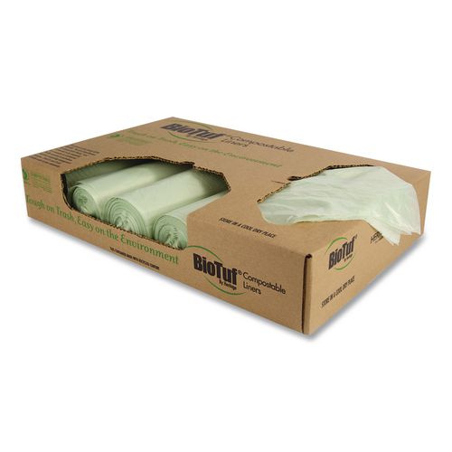 Heritage Biotuf Compostable Can Liners, 13 gal, 0.88 mil, 24" x 32", Green, 25 Bags/Roll, 8 Rolls/Carton