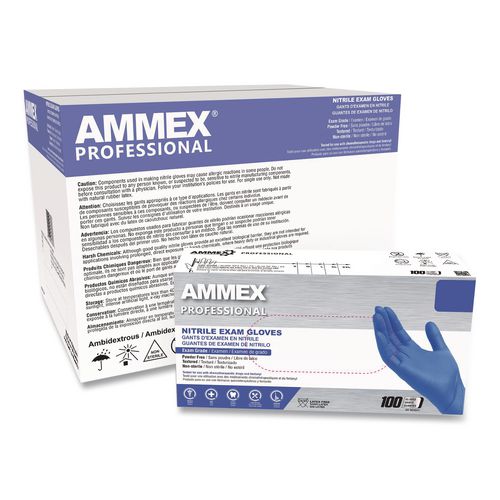 AMMEX Professional Nitrile Exam Gloves, Powder-Free, Medium, 3 mil Thick, 9.5" Long, Blue, 100/Box, 10 Boxes/Carton