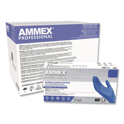 AMMEX Professional Nitrile Exam Gloves, Powder-Free, X-Large, 3 mil Thick, 9.5" Long, Blue, 100/Box, 10 Boxes/Carton