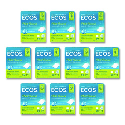 ECOS Liquidless Laundry Detergent Sheets, Free and Clear, 50 Sheets/Pack, 10 Packs/Carton