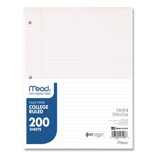 Mead Filler Paper, 3-Hole, 8.5 x 11, College Rule, 200/Pack