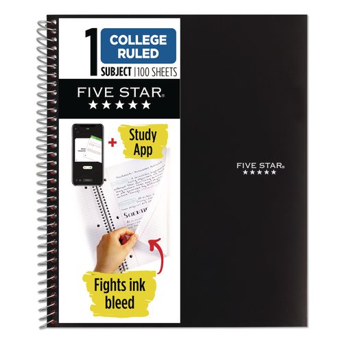 Five Star Wirebound Notebook, 1-Subject, Medium/College Rule, Black Cover, (100) 11 x 8.5 Sheets