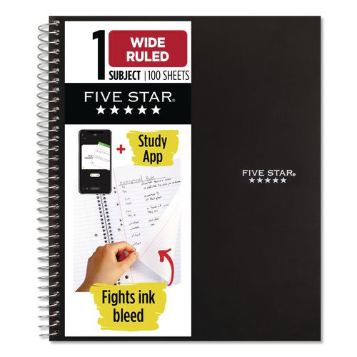 Five Star Wirebound Notebook, 1-Subject, Wide/Legal Rule, Black Cover, (100) 10.5 x 8.63 Sheets